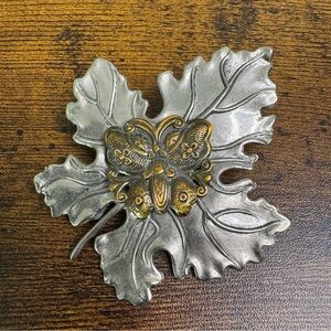 Vintage Stephen Dweck Bronze and Silver Butterfly on Maple Leaf Scarf Clip